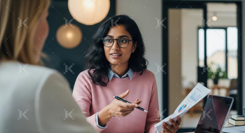 Professional Woman Discussing Business Data with Colleague in Mo