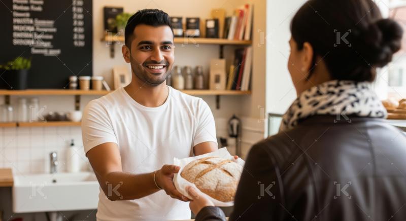 Smiling Baker Hands Fresh Bread to Customer in Modern Bakery