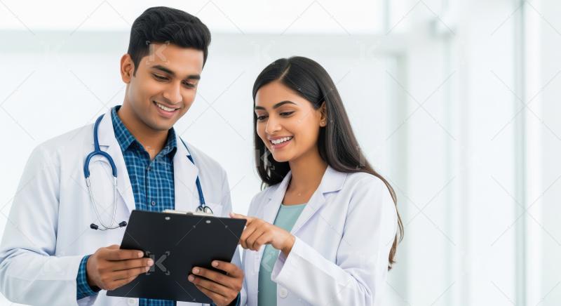 Young Indian doctors discussing patient data with smiles
