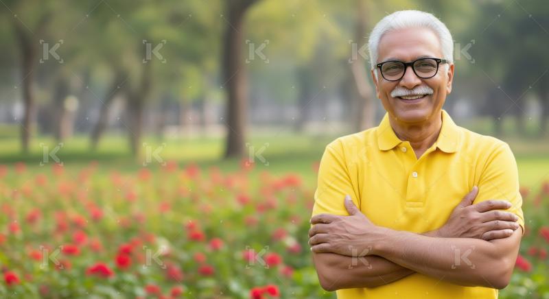 Smiling senior Indian man in park with crossed arms