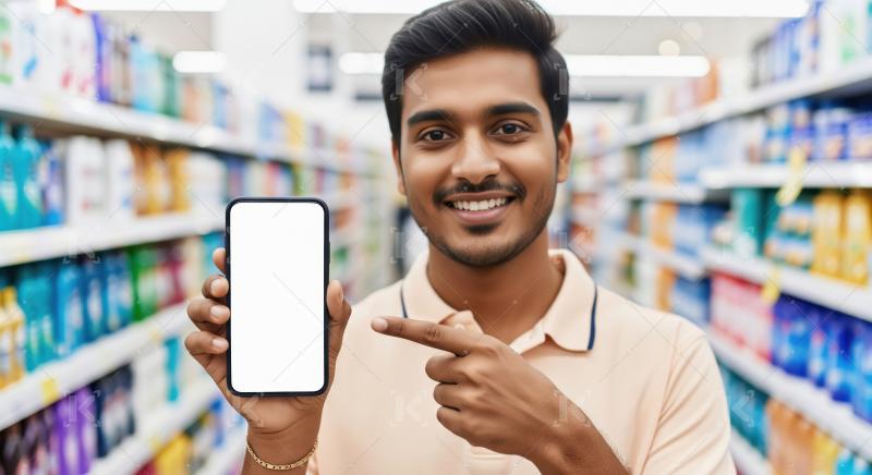 Smiling Man Showing Smartphone Screen in Supermarket Aisle
