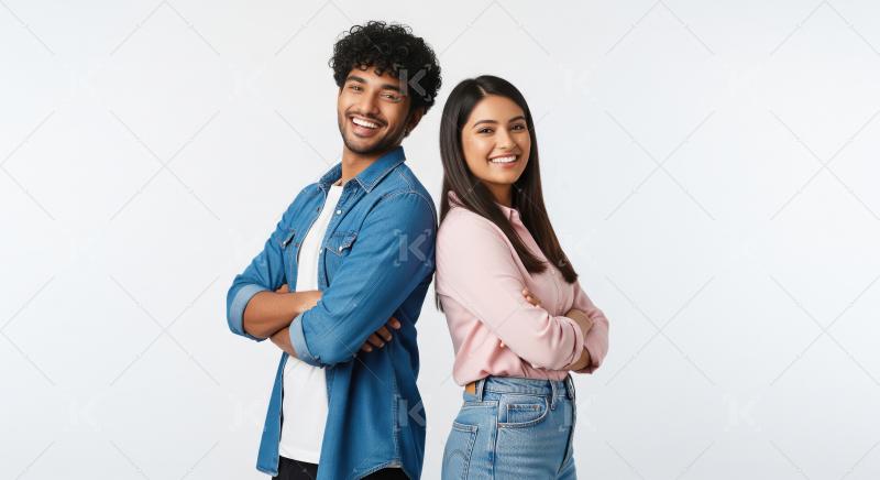 Confident Diverse Young Couple Smiling Back to Back