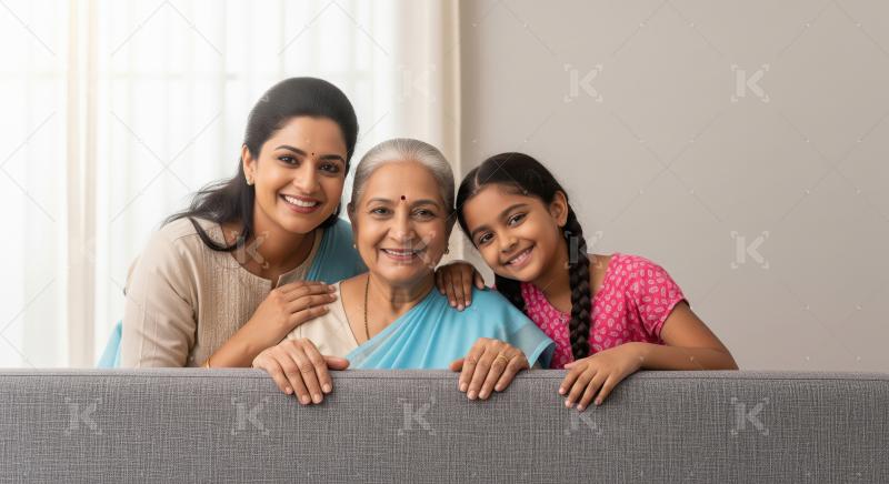 Three Generations of Happy Indian Women Smiling Together