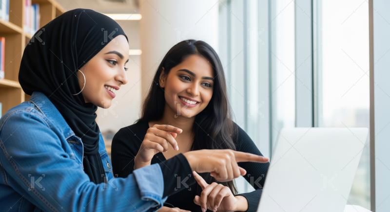 Diverse Students Collaborating on a Laptop in a Modern Library