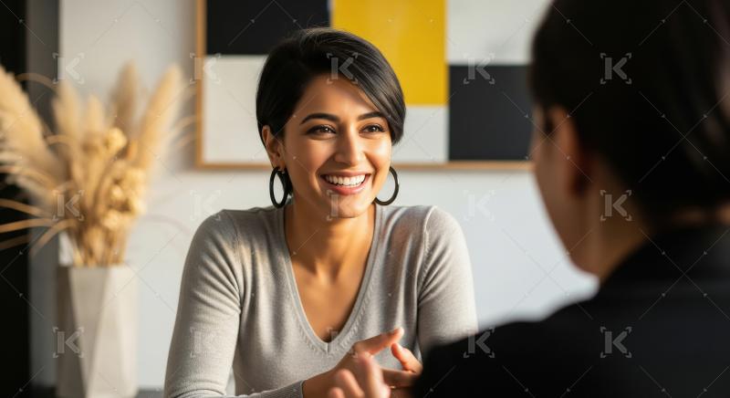 Smiling Young Professional Woman Engages in Business Conversatio