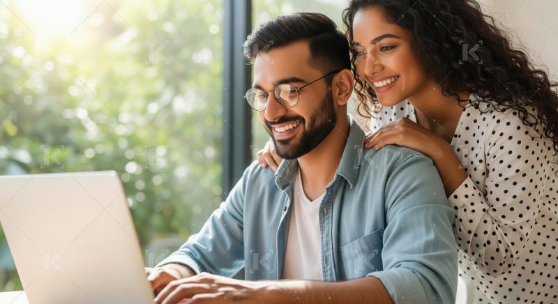 Happy Couple Using Laptop Together at Home