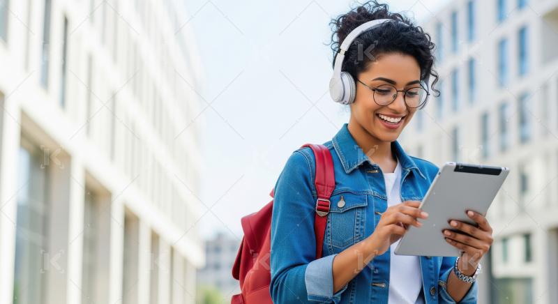 Happy Student Listening Music and Using Tablet Outdoors
