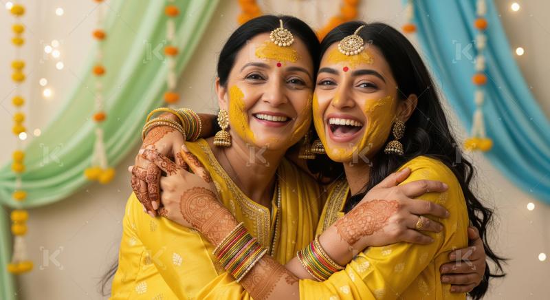 Joyful Indian Mother and Daughter Celebrate Haldi Ceremony with