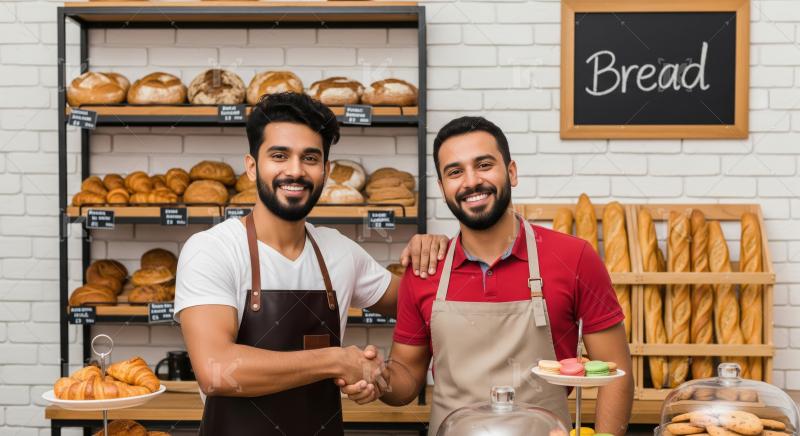 Happy Male Bakers Shaking Hands in Their Successful Bread Shop