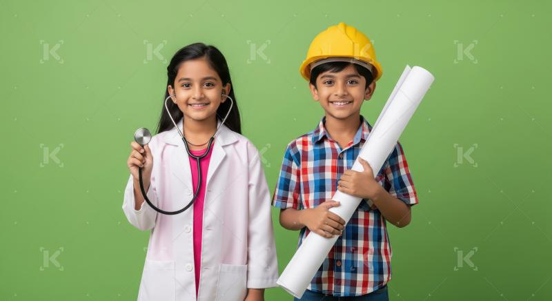 Smiling Indian Kids Dream of Future Careers Doctor Engineer