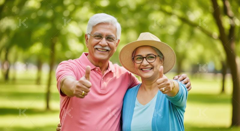 Happy senior Indian couple giving thumbs up in park