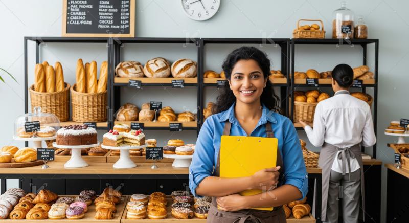 Happy Female Baker in Her Bustling Bakery with Fresh Goods