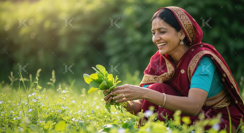 Happy Indian Woman Harvesting Fresh Greens in Sunny Field