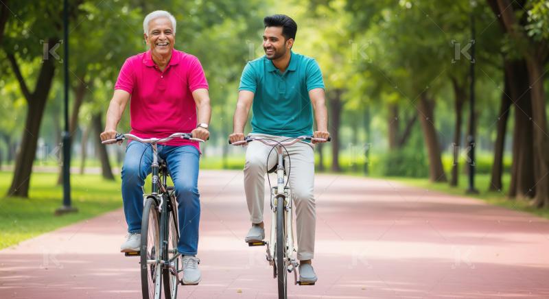 Happy Indian father and son cycling together in park