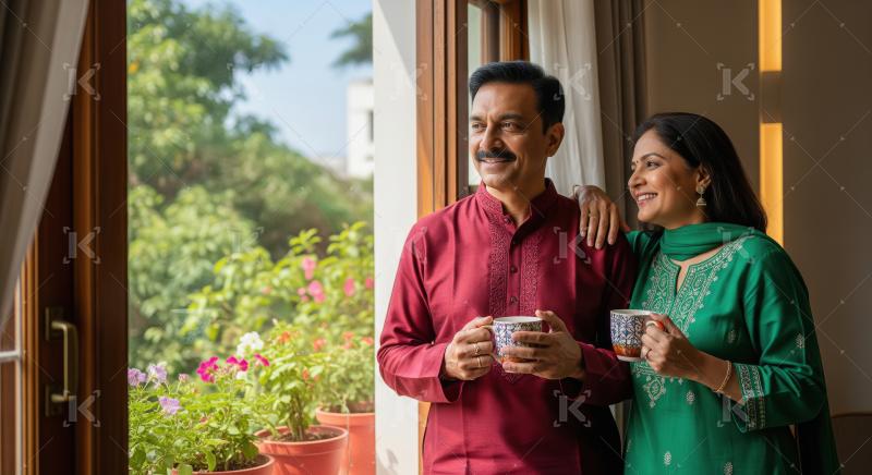 Happy Indian Couple Enjoying Morning Coffee by Window