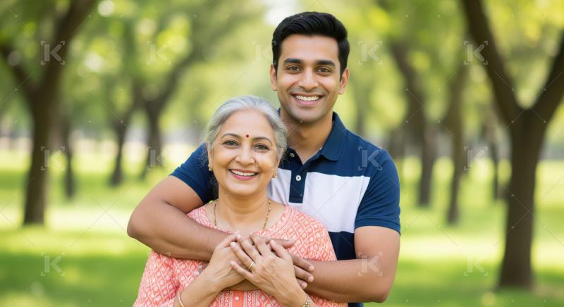 Happy Indian son hugging his mother in a park