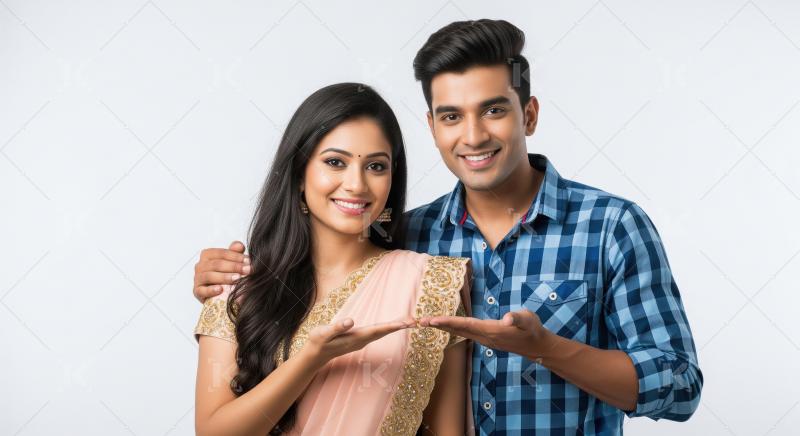Happy Indian Couple Presenting Product with Open Hands Smiles