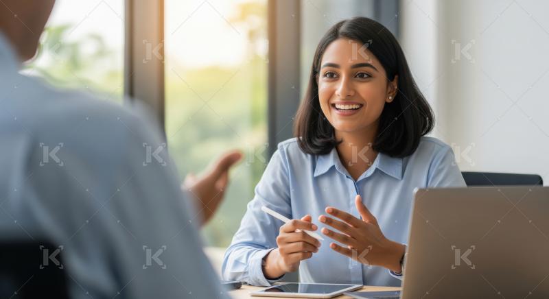 Happy Woman Engaged in Business Meeting Discussion with Colleagu