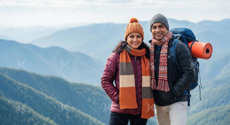 Happy Indian Couple Enjoying Mountain Hike Adventure