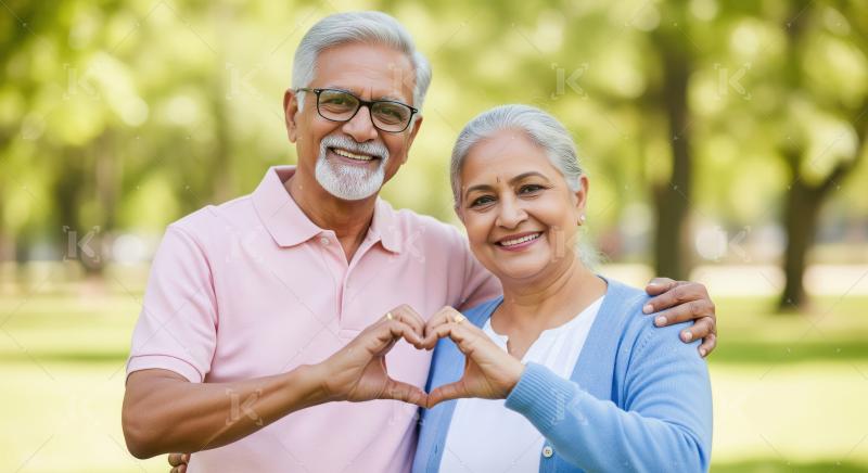 Happy senior Indian couple forming heart shape in park