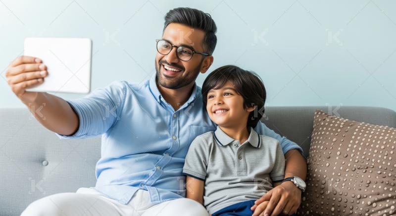 Smiling father and son bond over tablet selfie at home