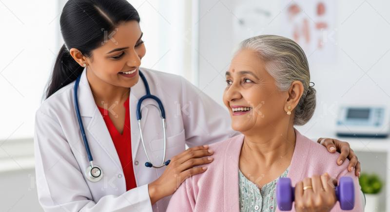 Smiling Doctor Guides Elderly Patient in Physical Therapy