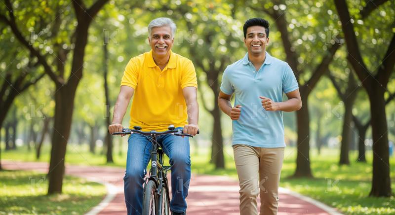 Active Indian Men Enjoying Cycling and Jogging Outdoors