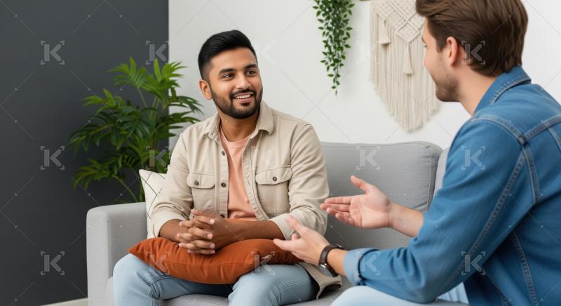Two diverse men having a friendly conversation on a sofa.