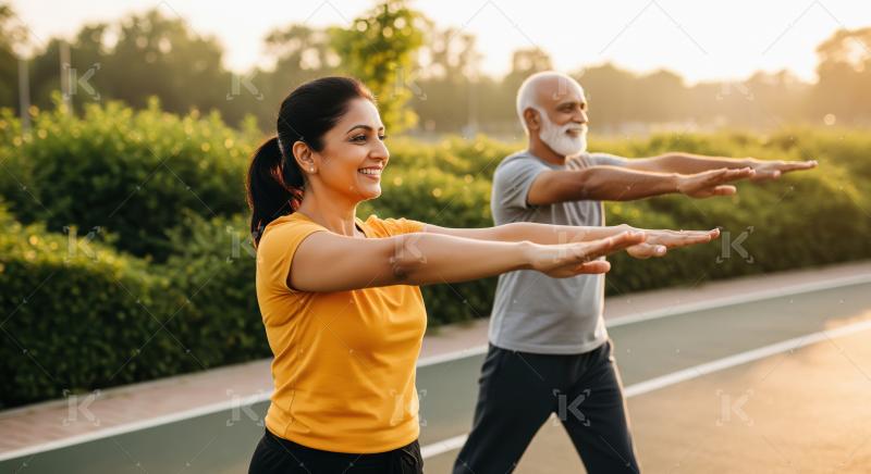 Happy Indian couple exercising together outdoors at golden hour