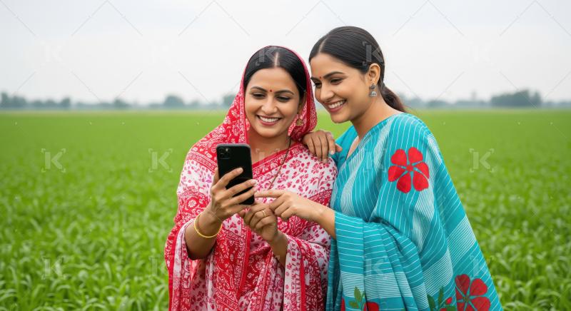 Indian rural women happily using smartphone in green field