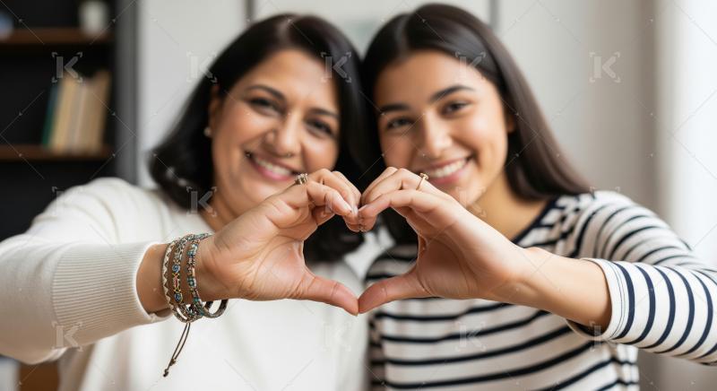 Happy mother and daughter showing love with heart hands