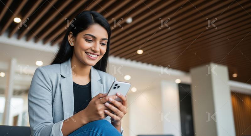 Happy Indian Woman Using Smartphone in Modern Office