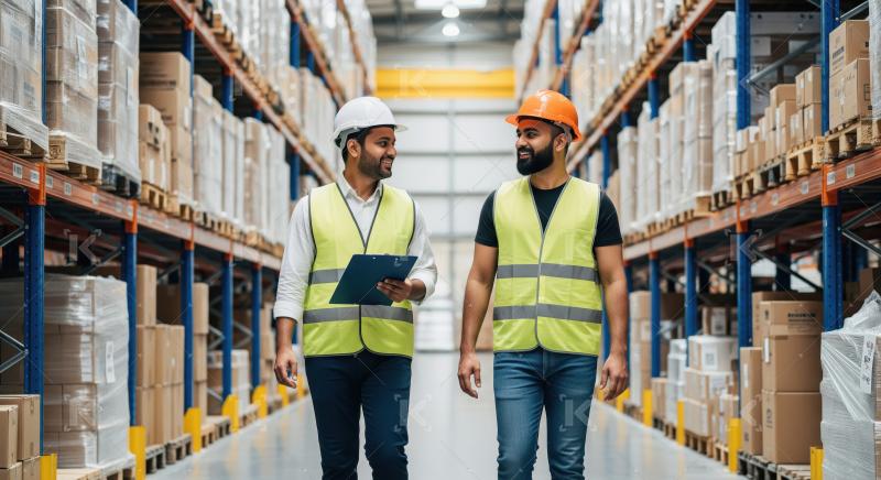 Two male workers in hardhats inspecting a busy warehouse.