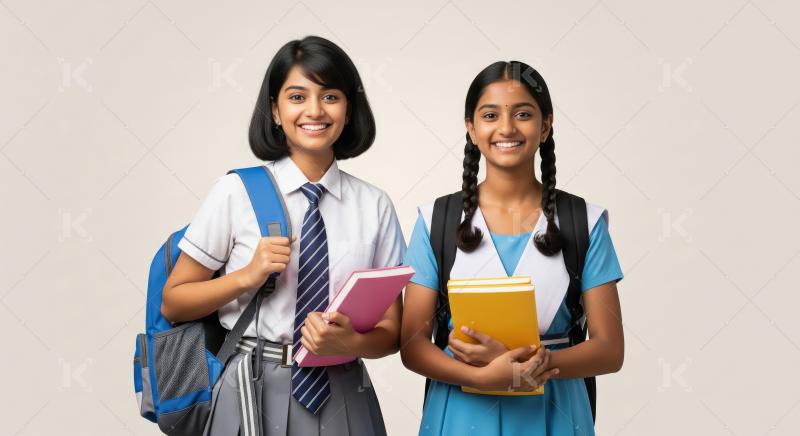 Happy Indian Schoolgirls with Books and Backpacks Smiling