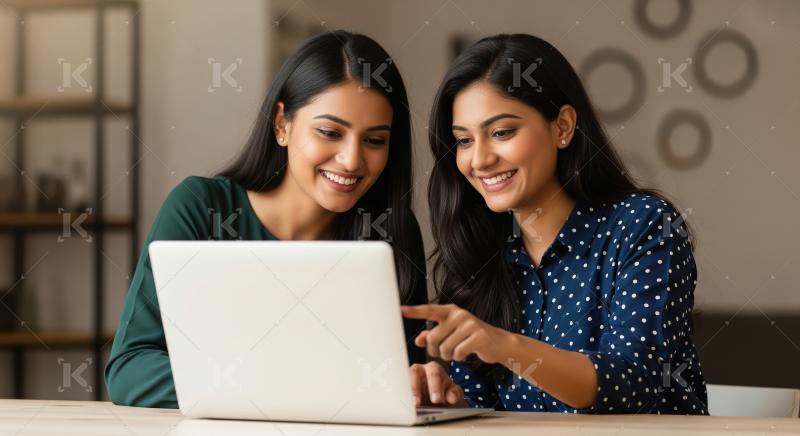 Two Happy Indian Women Collaborating on Laptop Screen