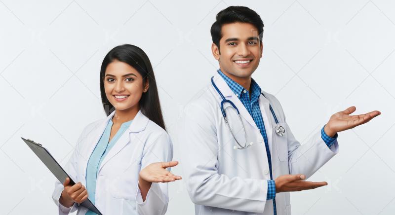 Smiling Indian Doctors Presenting with Open Hands