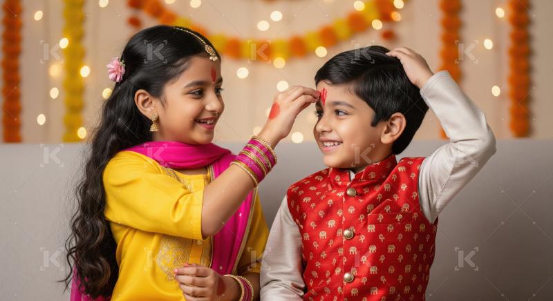 Indian siblings celebrate festival, girl applies tilak on boy