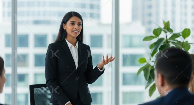 Confident Indian Businesswoman Leads Presentation in Modern Offi