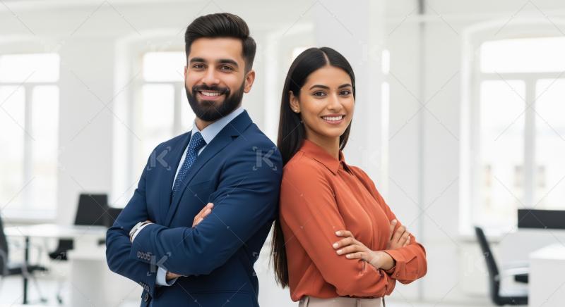 Diverse Business Professionals Smiling Confidently in Modern Off