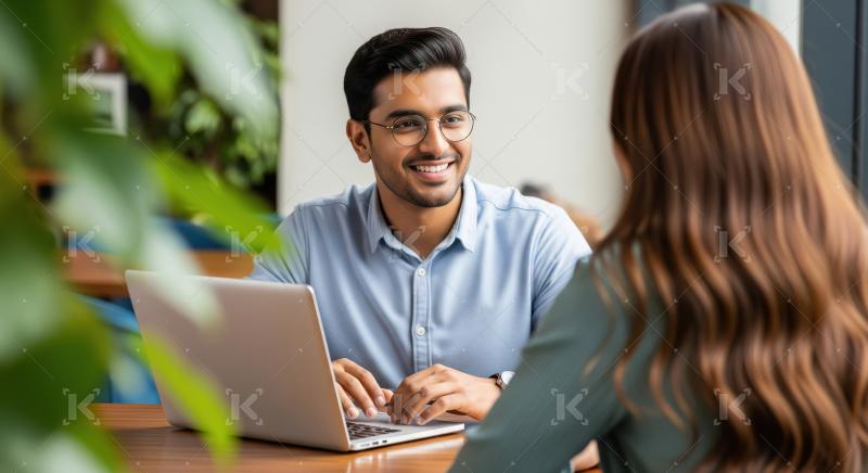 Smiling Indian Man Working on Laptop, Engaged in Conversation
