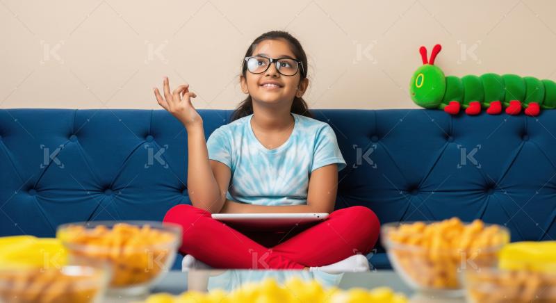Young Indian Girl Enjoying Tablet on Sofa with Snacks