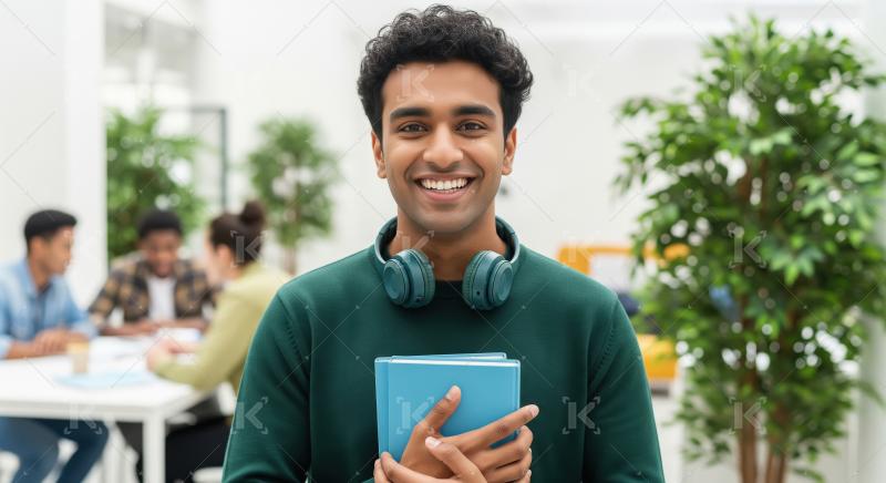 Smiling Indian Student with Books and Headphones in Modern Study