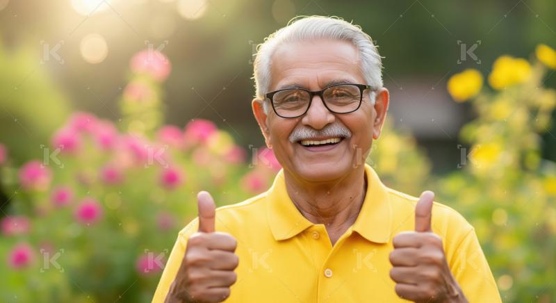Joyful Senior Indian Man Thumbs Up, Bright Outdoor Portrait