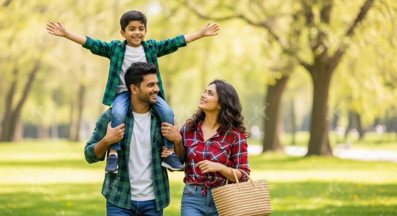 Happy Indian Family Enjoying a Walk in Sunny Green Park