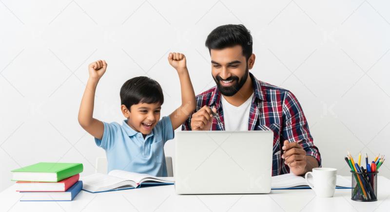 Father and son happily learning online together at home