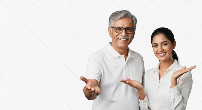 Happy Indian Man and Woman Smiling, Gesturing Welcomingly on Whi