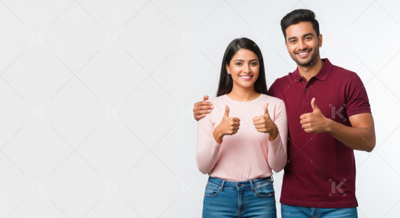 Happy Indian Couple Showing Thumbs Up, Smiling Confidently Toget