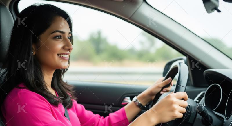 Happy Indian Woman Enjoying a Road Trip Driving Car