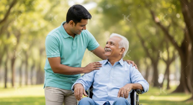 Happy Young Indian Man Supports Elderly Father in Wheelchair Out