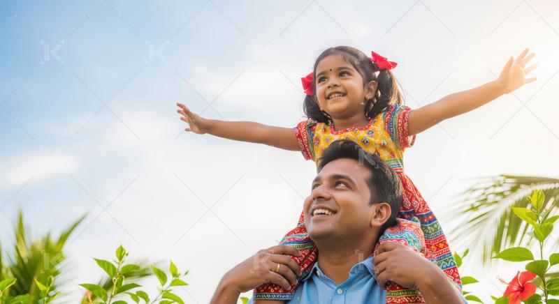 Joyful Indian Father and Daughter Shoulder Ride Under Sunny Sky